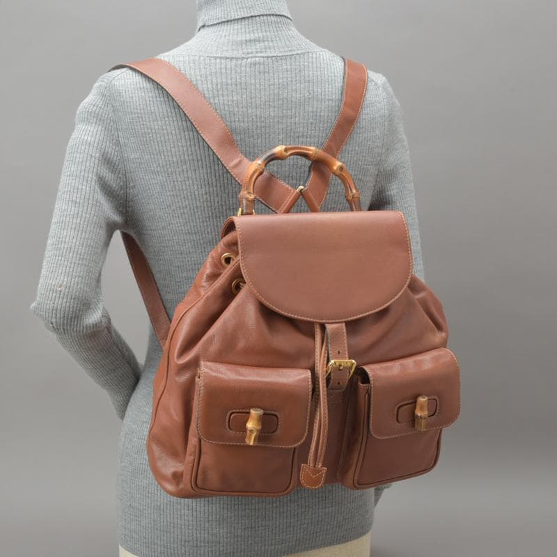 美品◇GUCCI グッチ バンブー リュックサック 本革 レザー ブラウン 鞄