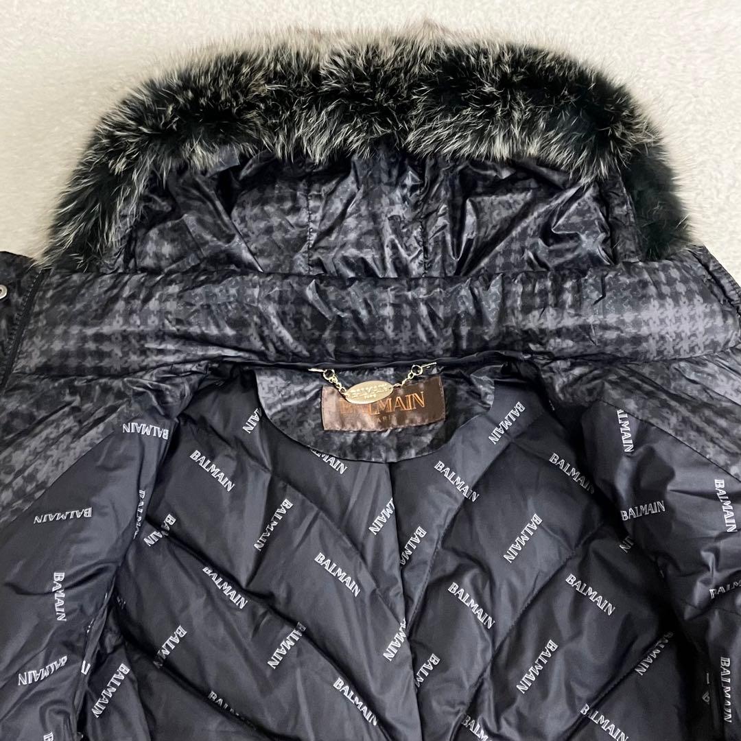 BALMAIN バルマン　ダウンコート ブルーフォックスファー　L 総柄 黒