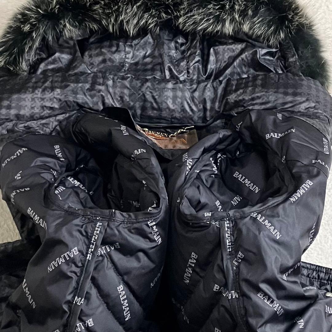 BALMAIN バルマン　ダウンコート ブルーフォックスファー　L 総柄 黒