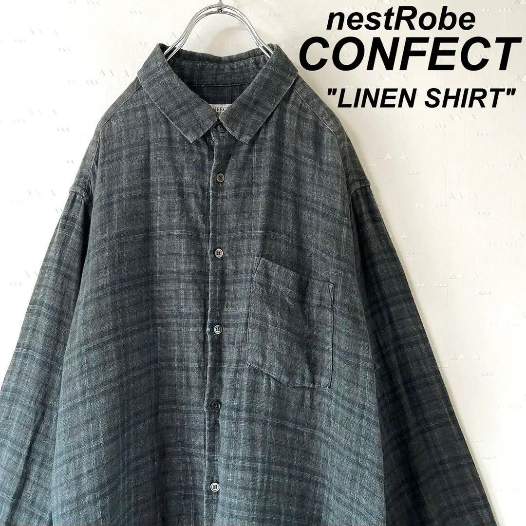 古着 コンフェクト リネンシャツ 墨黒 フェード チェック