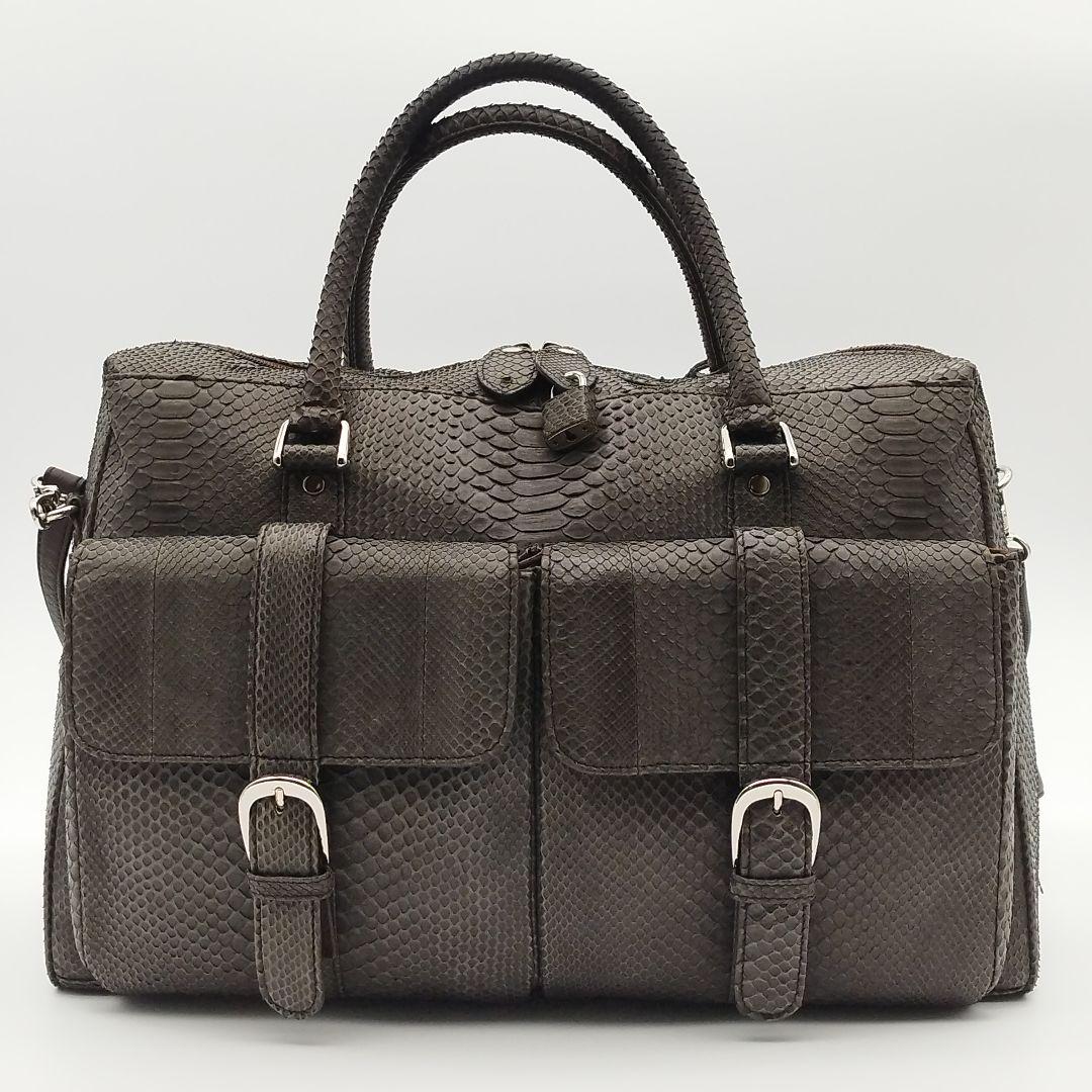 美品! パイソン 2way トートバッグ ボストン 大容量 ブラウン レザー