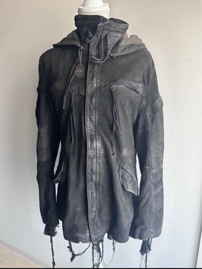 14th Addictionレザージャケットフード付きy2kグランジお兄系