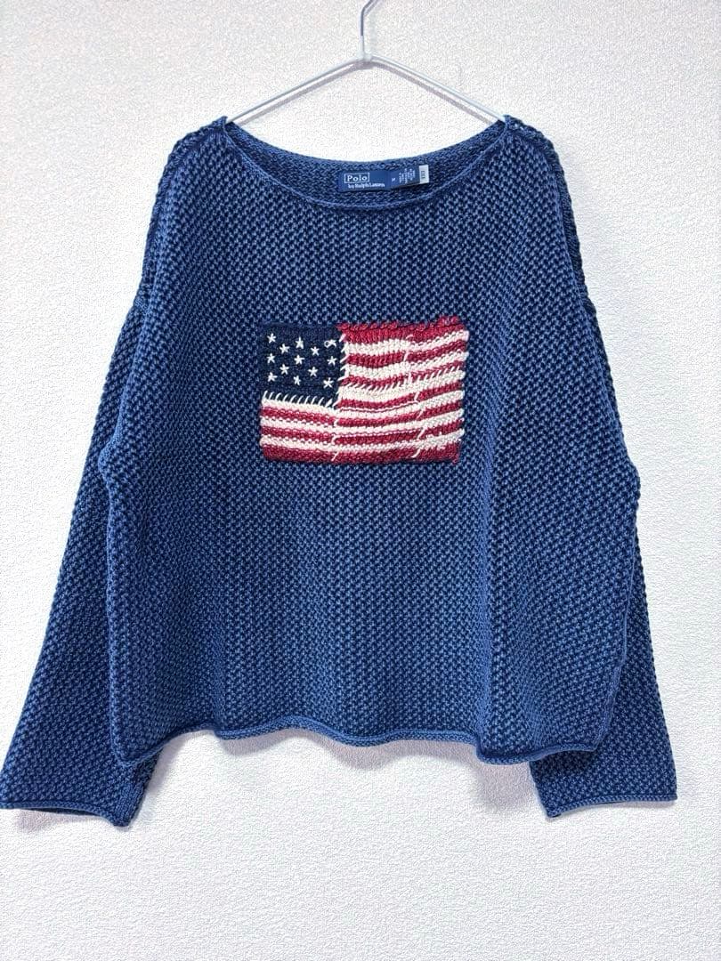 ラルフローレン　星条旗　ニット　ショート丈　ネイビー　M