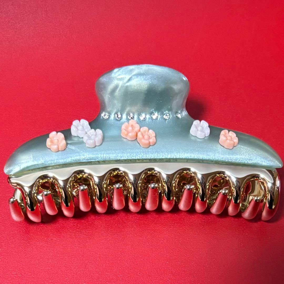 acca ヘアクリップ　フラワーラインストーングリーン 大