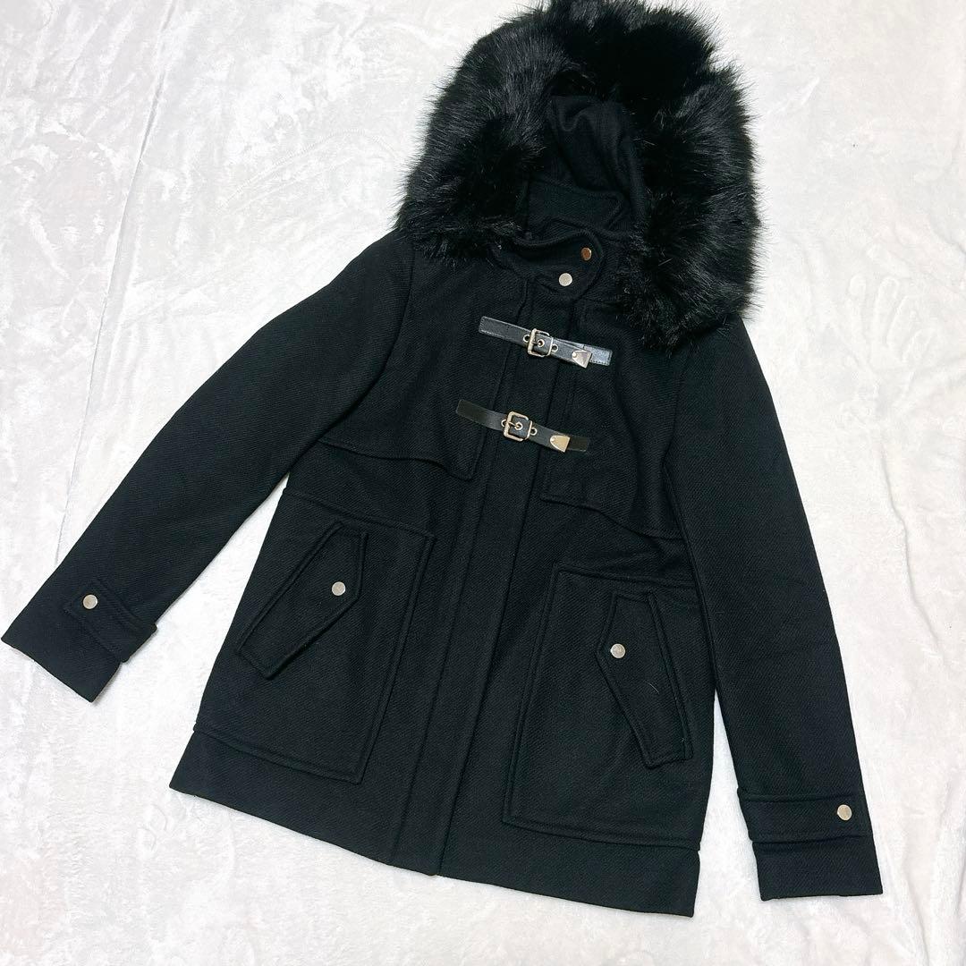 【ZARA WOMAN】ダッフルコート　2WAY ラクーン　ベルト　黒　L相当