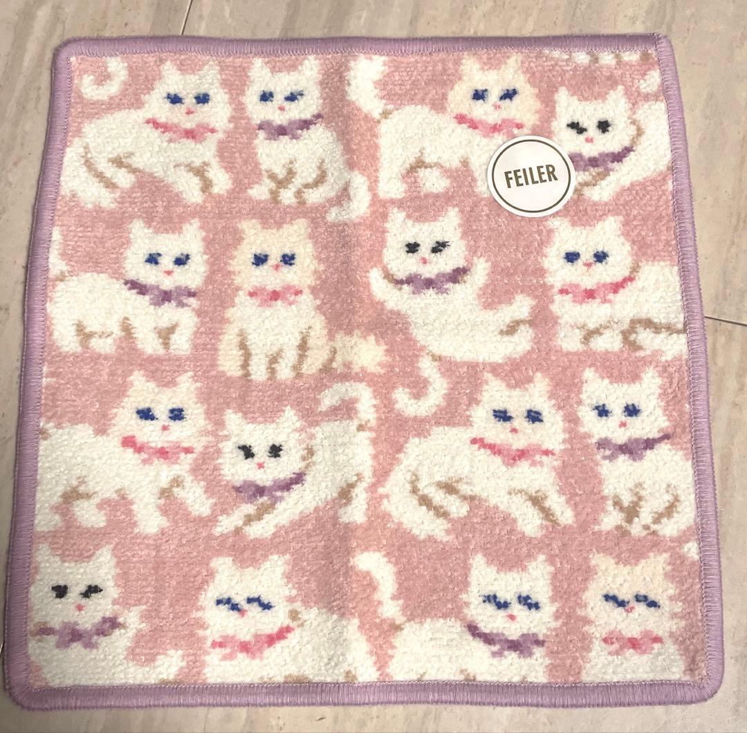 新品　FEILER 猫柄　フェイラー　ピンク　モフモフネコチャン　ハンカチポーチ