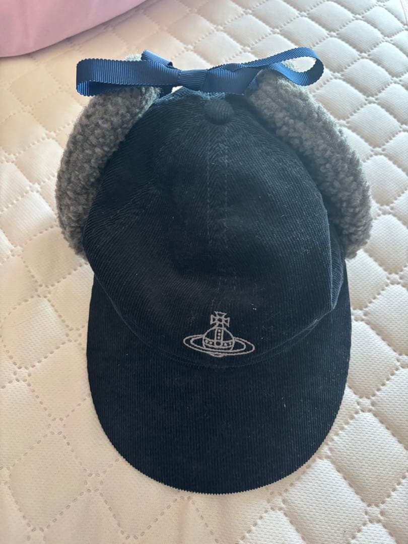 ヴィヴィアンウエストウッド コーデュロイ ボア フラップ キャップ ネイビー