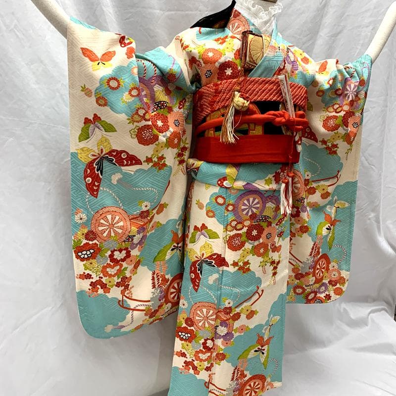 509ag32□七五三 七歳 女児 着物&袋帯 金彩 花車 水色白□状態良好
