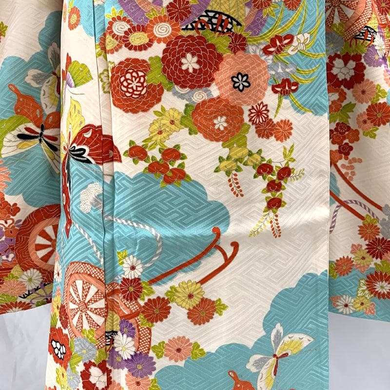 509ag32□七五三 七歳 女児 着物&袋帯 金彩 花車 水色白□状態良好