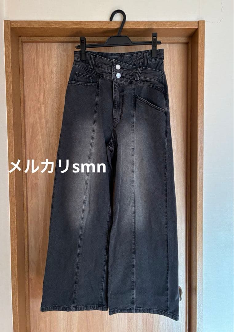 新品　FRAY I.D アシメダブルウエストワイドデニムパンツ　ブラック