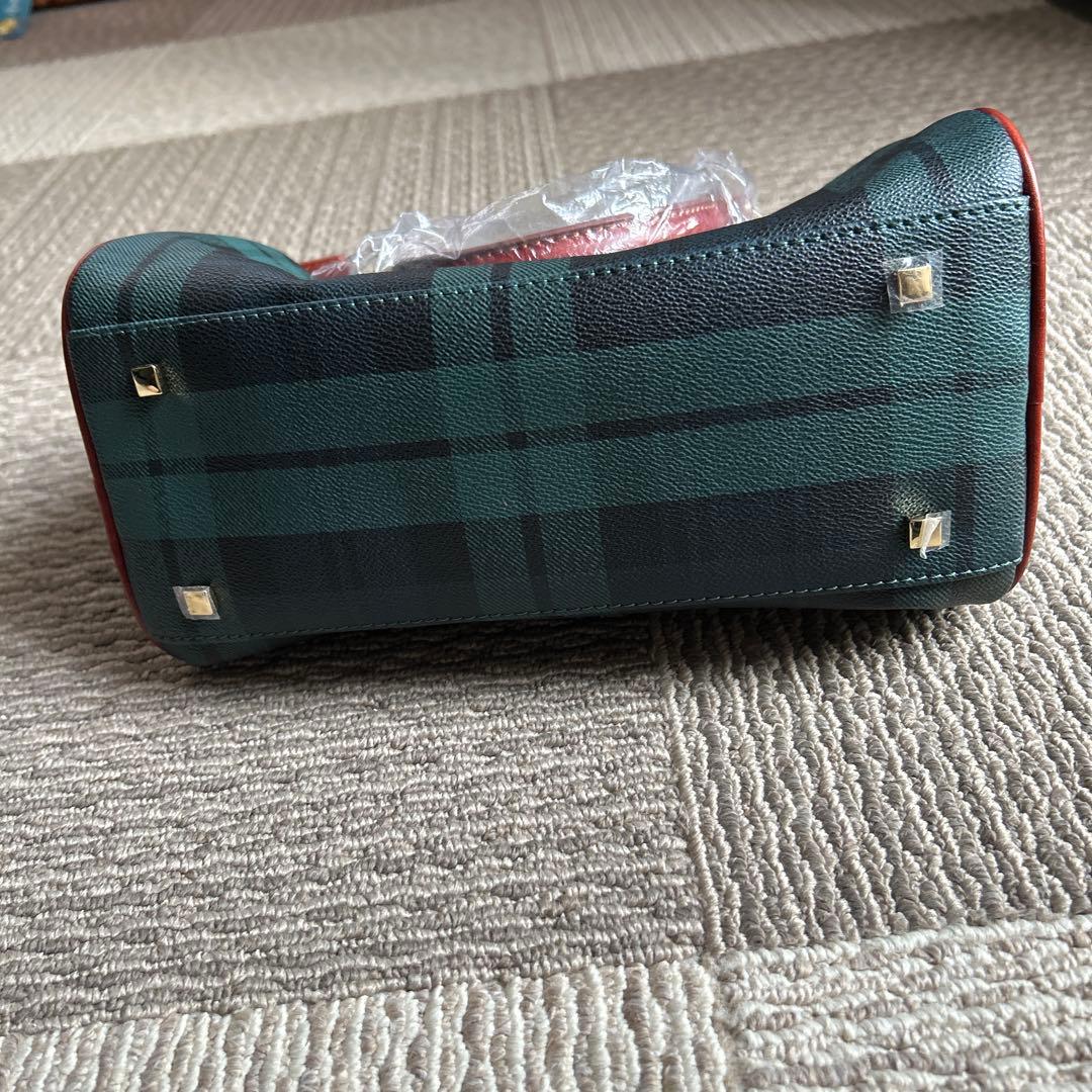 ミニボストンバッグ グリーン系チェック 合成皮革