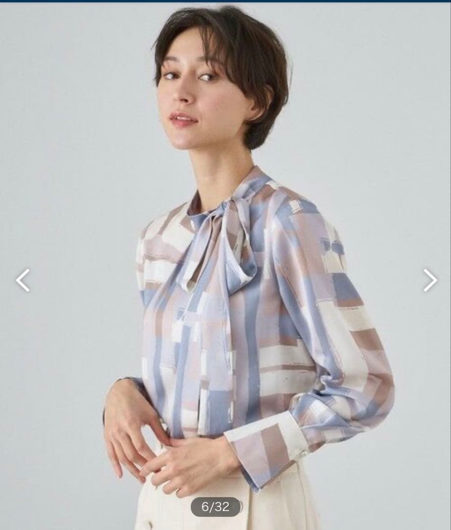 ◆極美品◆ANAYI◆スクエア幾何プリントサイドボウタイブラウス◆パープル◆S