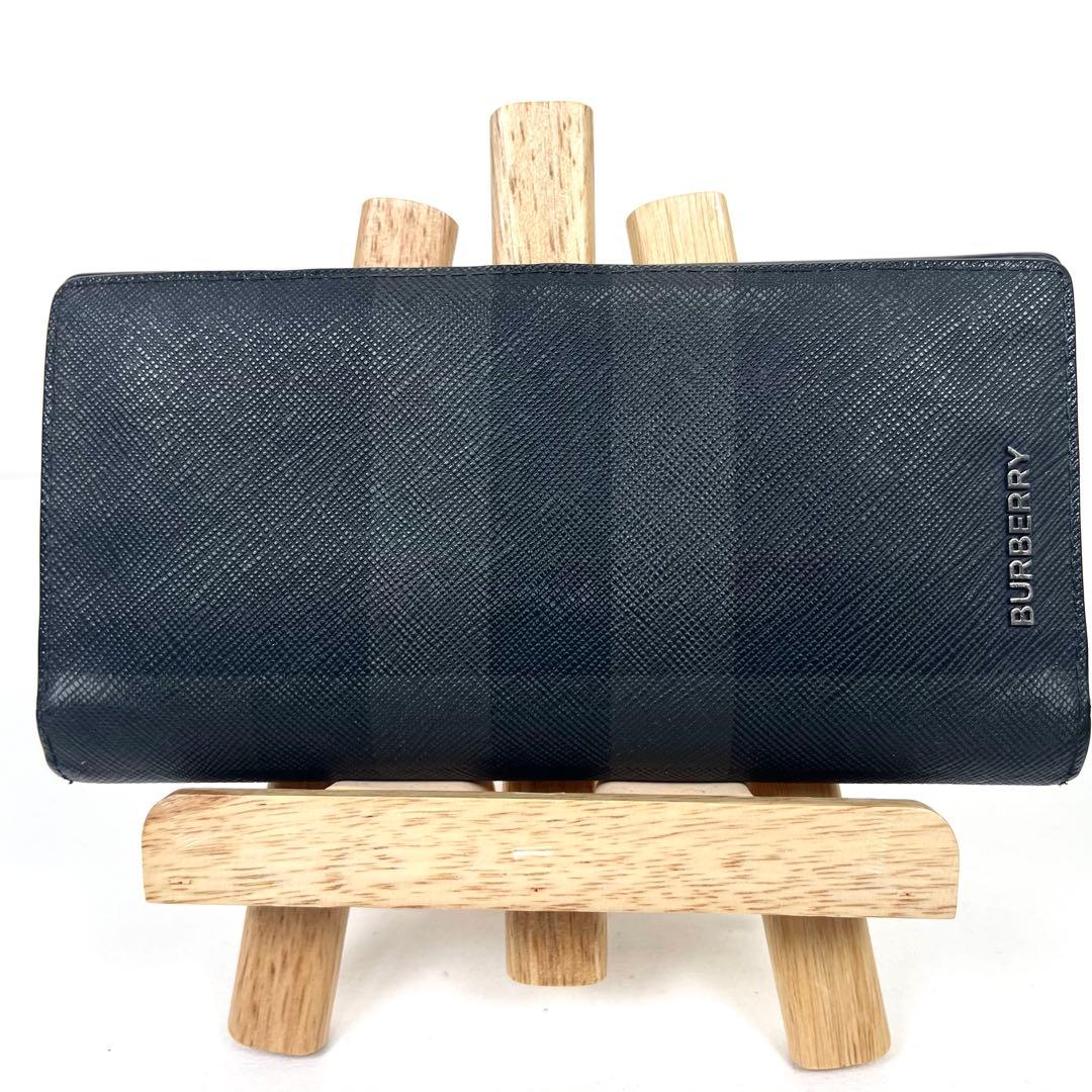 バーバリー　長財布　シャドーチェック　ロゴプレート　二つ折り　レザー　ブラック