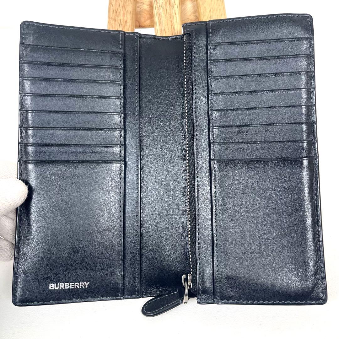 バーバリー　長財布　シャドーチェック　ロゴプレート　二つ折り　レザー　ブラック