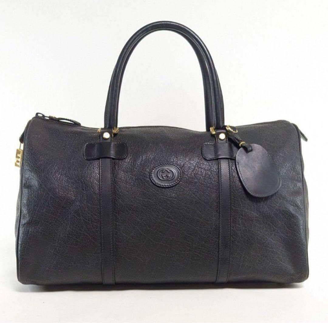 【売り切り価格】グッチ　ボストンバッグ　インターロッキング　レザー　ネームタグ