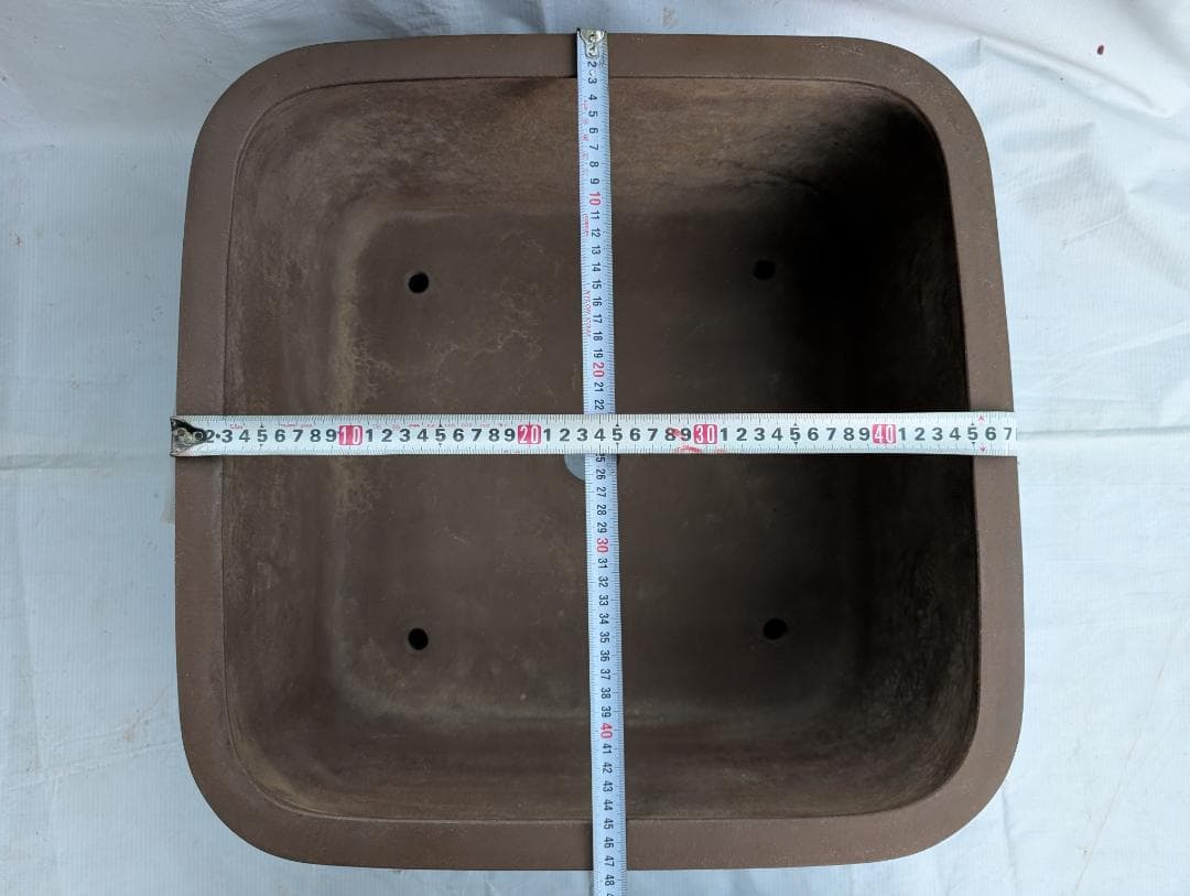 大型盆栽鉢 宜興系 刻印有り 正方形 約47.5cm 紫砂風 陶器鉢