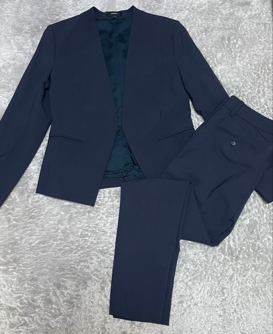 【美品】セオリー セットアップスーツ パンツ カラーレス ノーカラー ネイビー