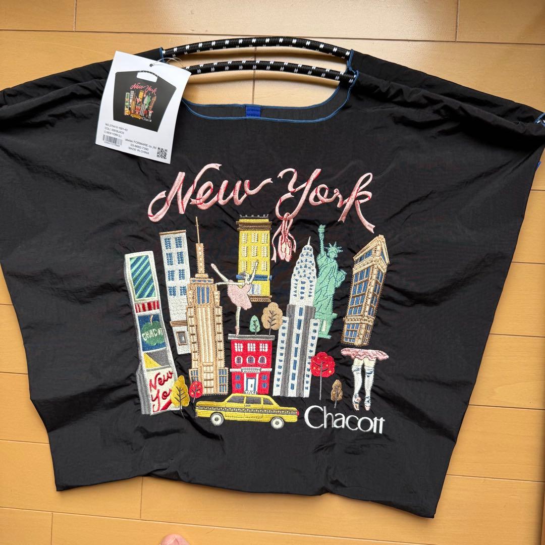 ボール＆チェーンChacott ニューヨーク刺繍エコバッグ Lサイズ ブラック
