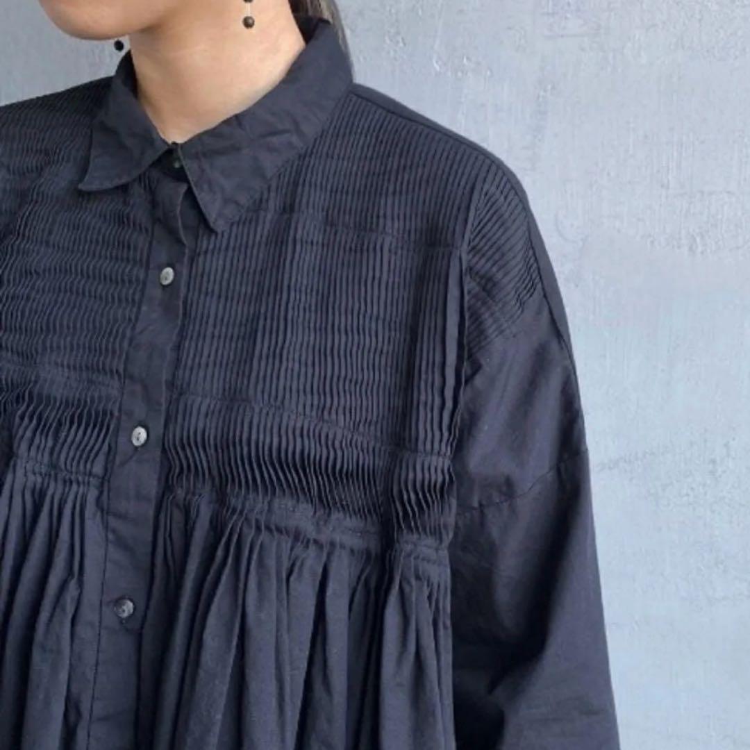 人気✨ ミズイロインド　ピンタック　ブラウス　チュニック丈 ゆったり　黒