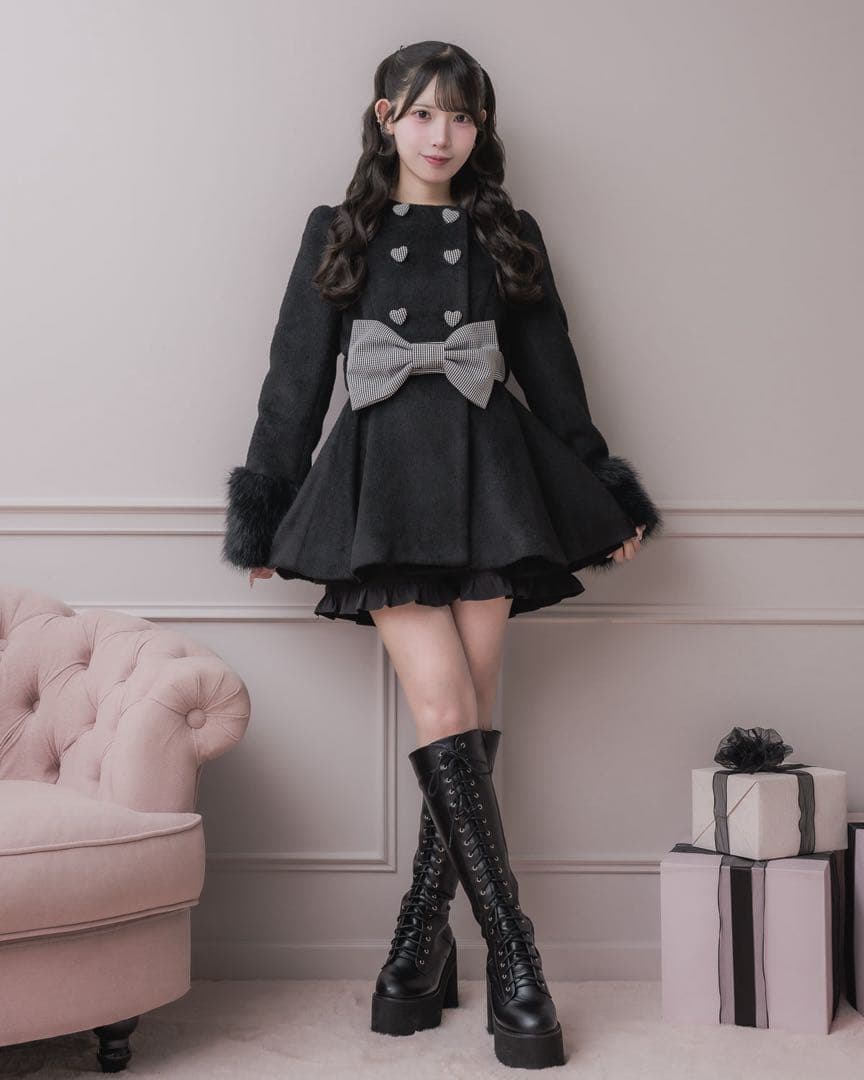 Pium ハートボタンリボンベルトシャギーコート