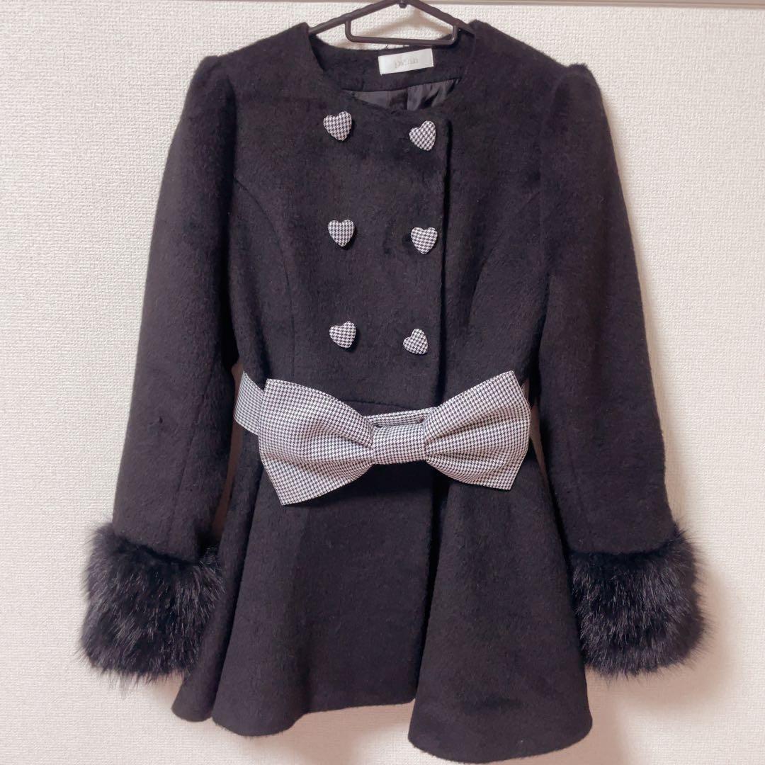 Pium ハートボタンリボンベルトシャギーコート