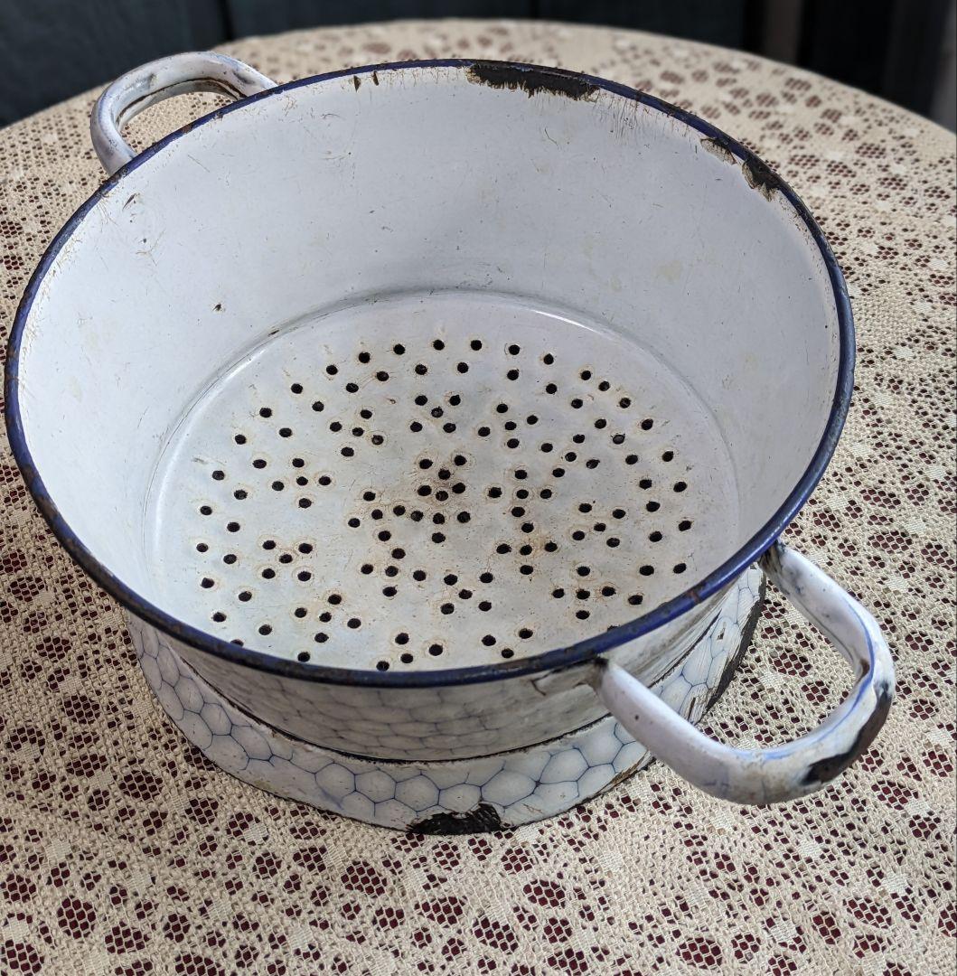 フランスアンティーク ホーローコランダー ハニカム柄 エナメルコート