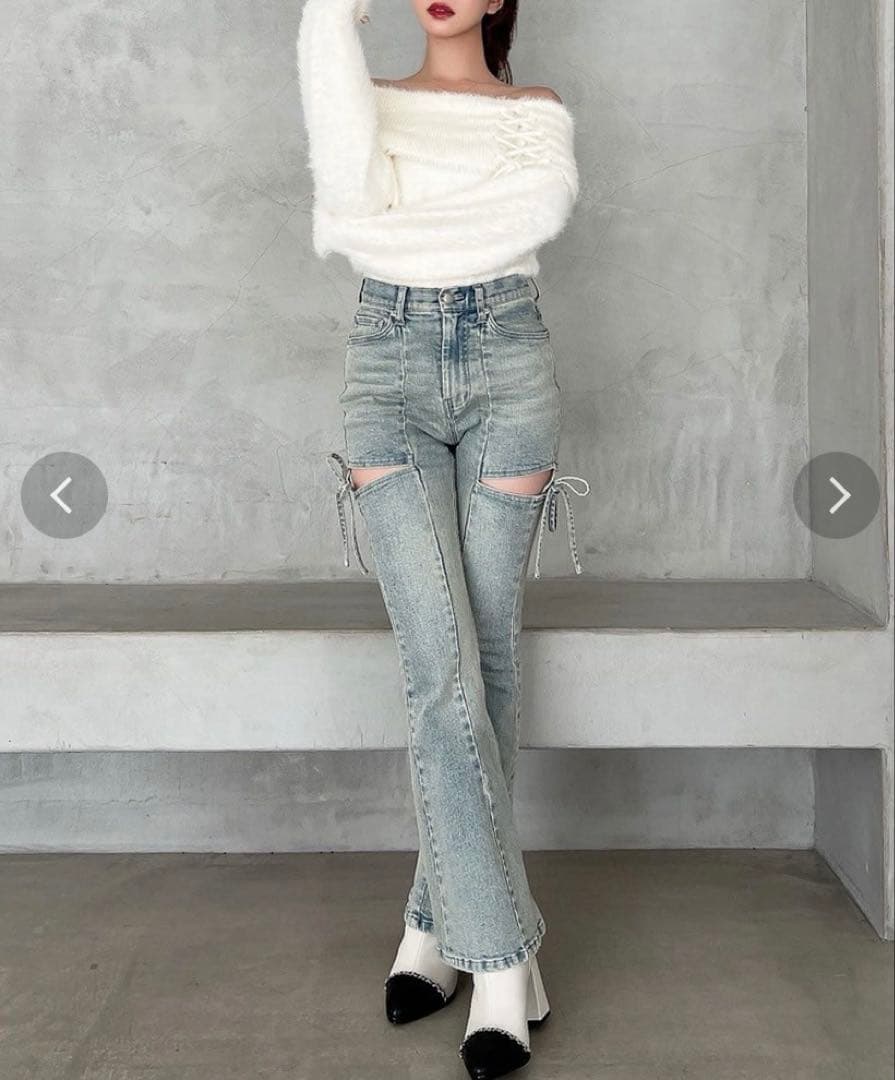 美品RESEXXY リゼクシー カットアウトリボンデニムパンツM アイスブルー