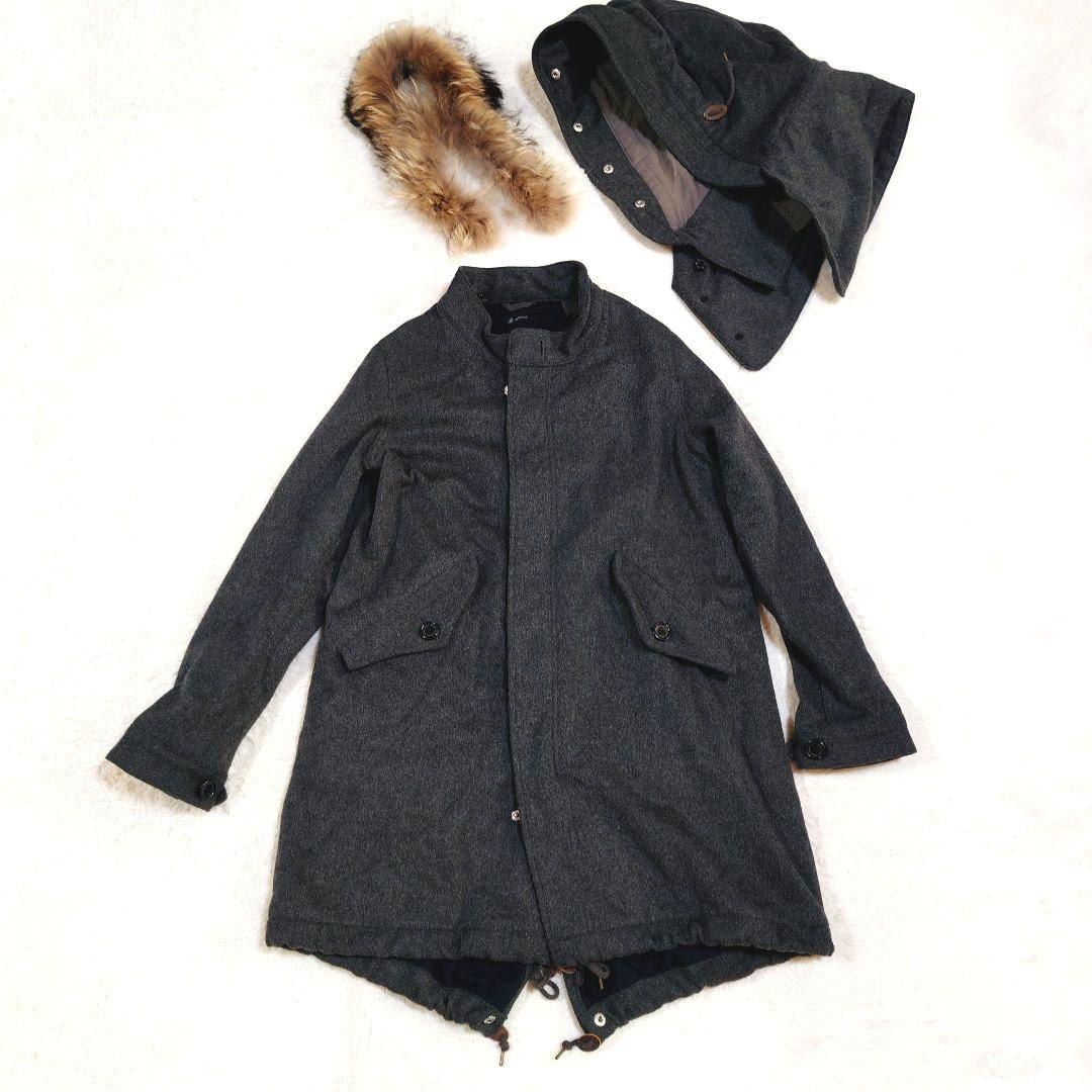 ジョンブル カシミヤ混 ウール モッズコート ラクーンファー グレー フード着脱