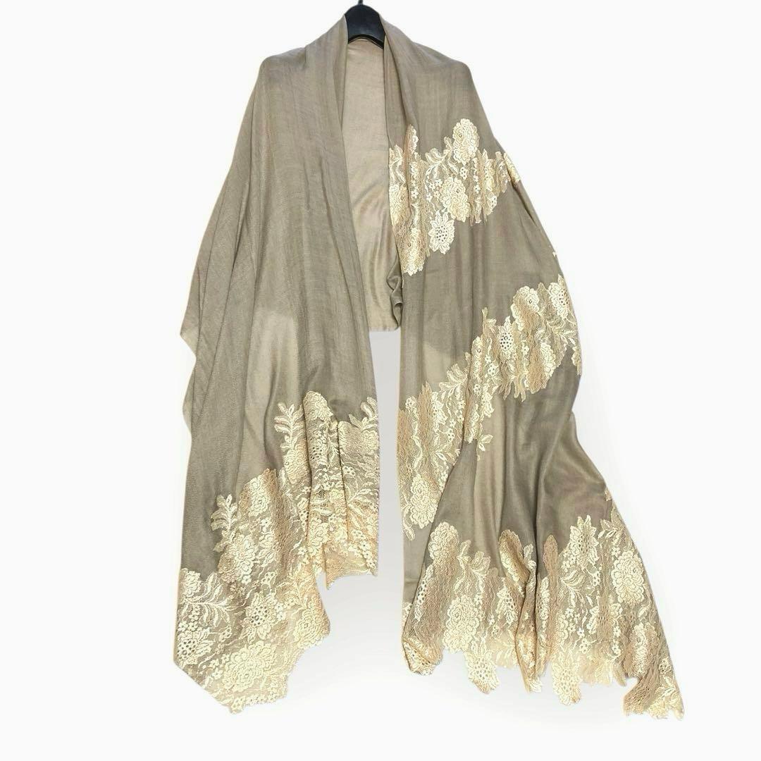 ヴィンテージシェイズ 高級レース付ストール シルク&ウール 異素材デザイン
