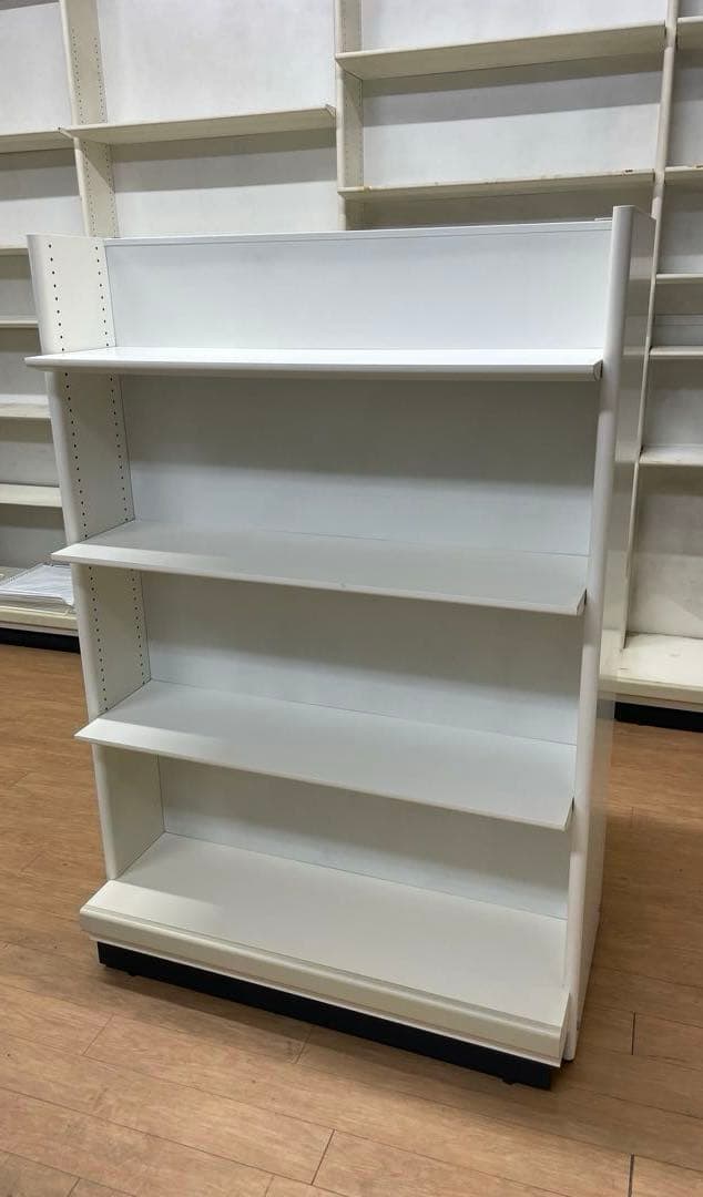 両面棚　物品棚　陳列棚　ショーケース　薬局　白　木製什器　コンビニ　キャビネット