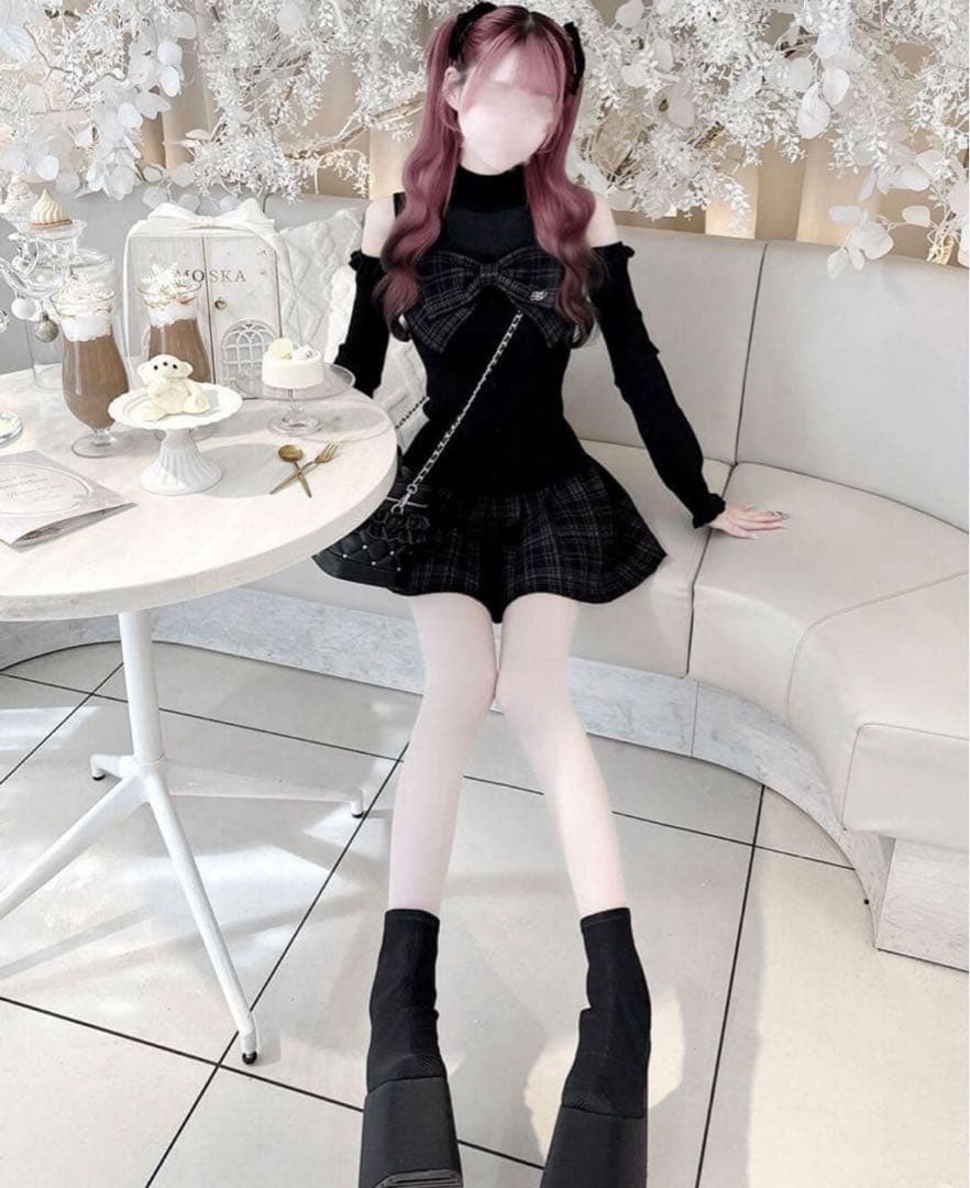 ♡ HONEYMEW ハニーミュウ チェックリボン肩空きプリーツワンピース ♡