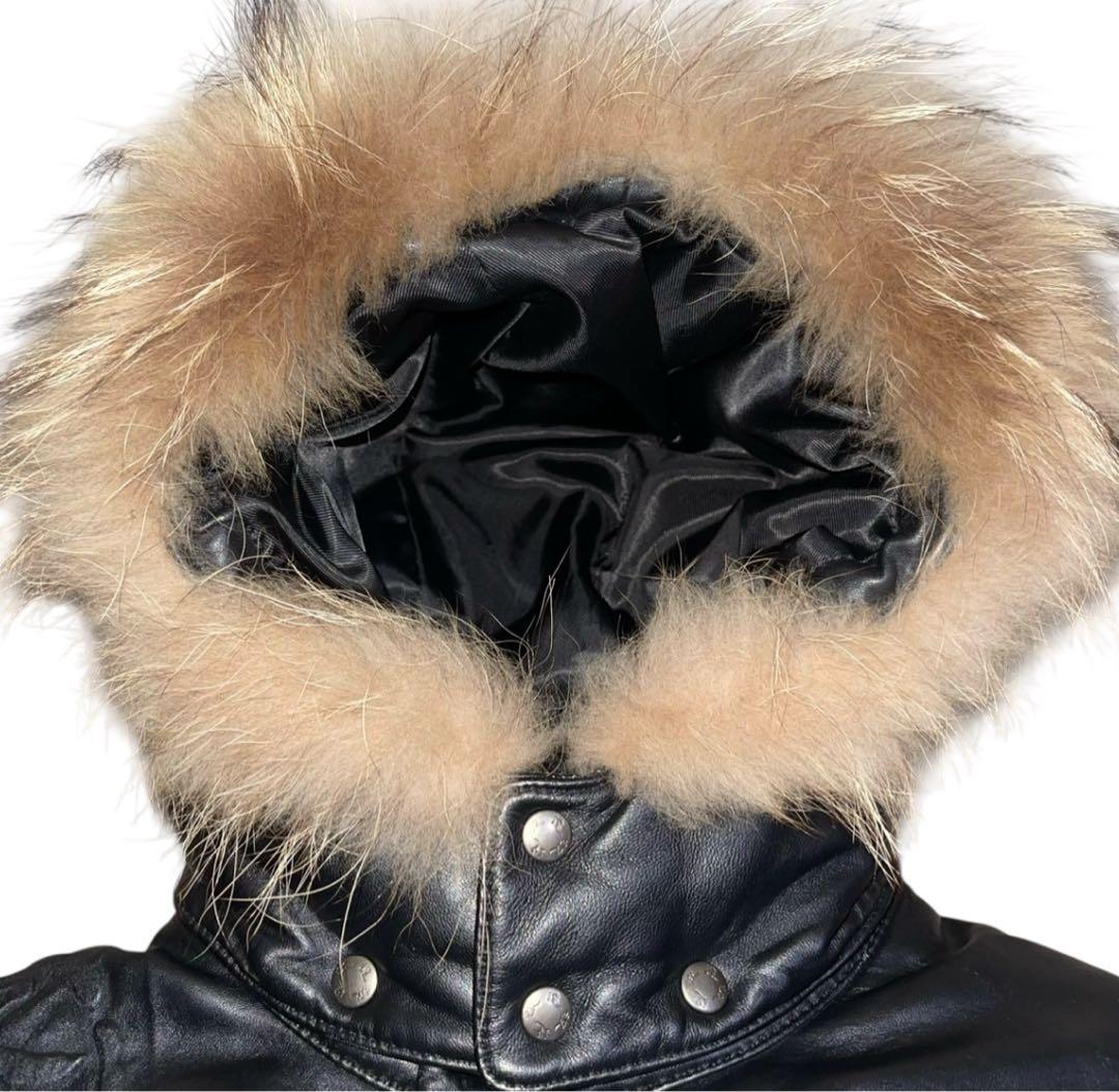 波達 ブラック 羊革 レザー ダウンジャケット ファー付き