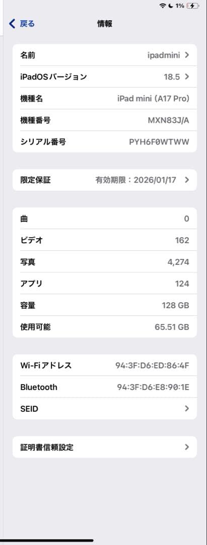 Apple iPad mini 7 A17pro 128GB 本体Wi-Fi