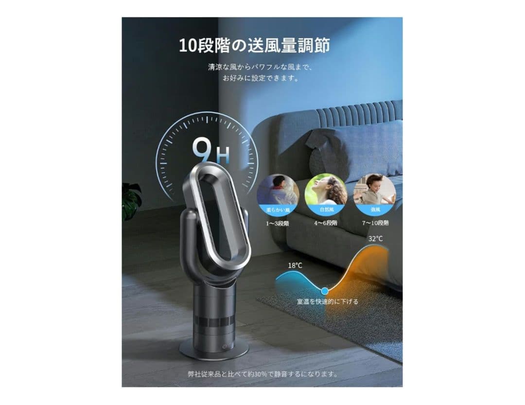 タワーファン 扇風機 羽なし 冷風 温風 強力 DCモーター13段階切り替え
