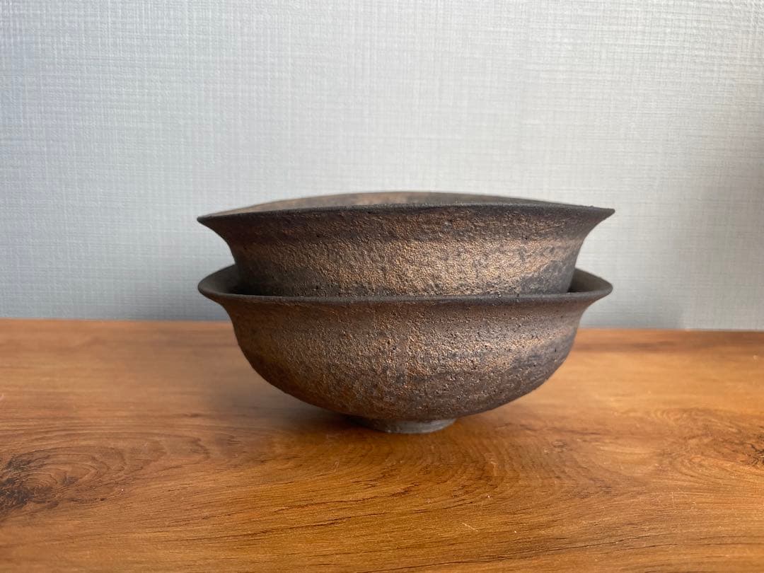 未使用品　冨部咲喜子　鉄釉　たわみ鉢　4寸　ペア　器　作家　陶芸　茶器　酒器