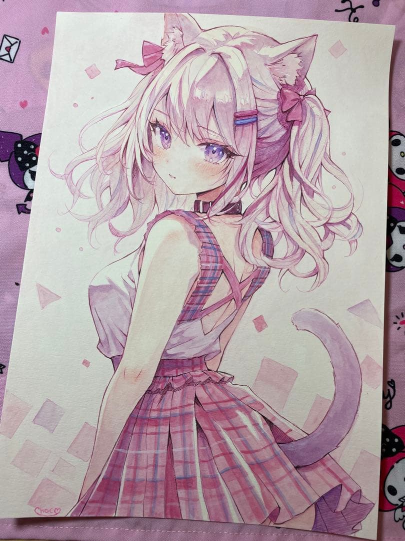 し*こ様 ♡ オリジナル　手描きイラスト　ピンク猫さん　Ａ４ アナログイラスト