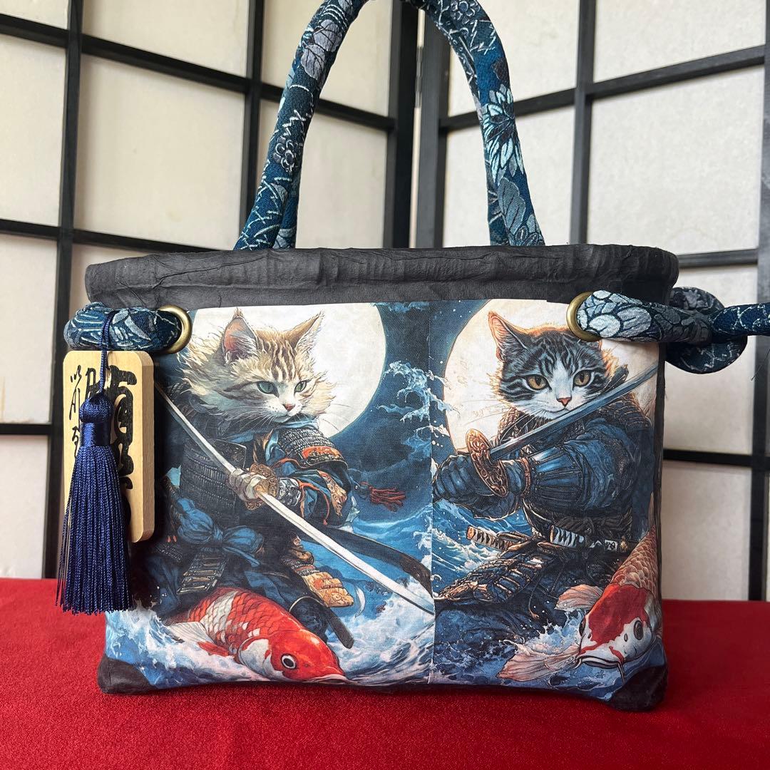 猫侍 一閑張り バッグ かごバッグ ハンドバッグ 和猫 茶トラ 中サイズ 和柄