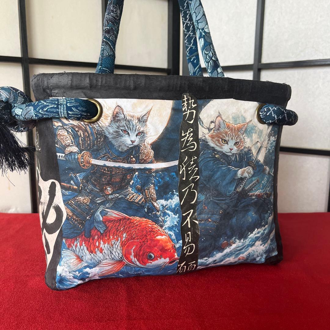猫侍 一閑張り バッグ かごバッグ ハンドバッグ 和猫 茶トラ 中サイズ 和柄