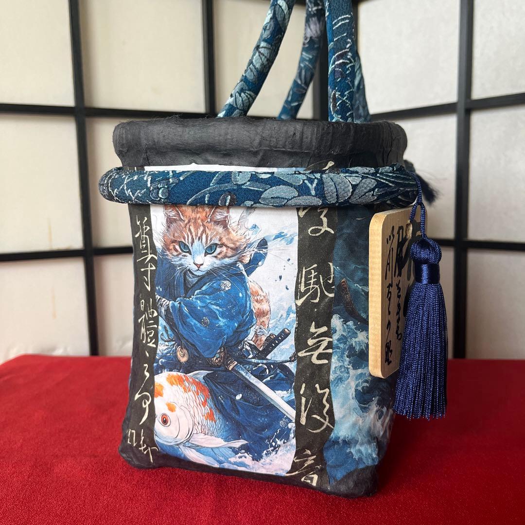 猫侍 一閑張り バッグ かごバッグ ハンドバッグ 和猫 茶トラ 中サイズ 和柄