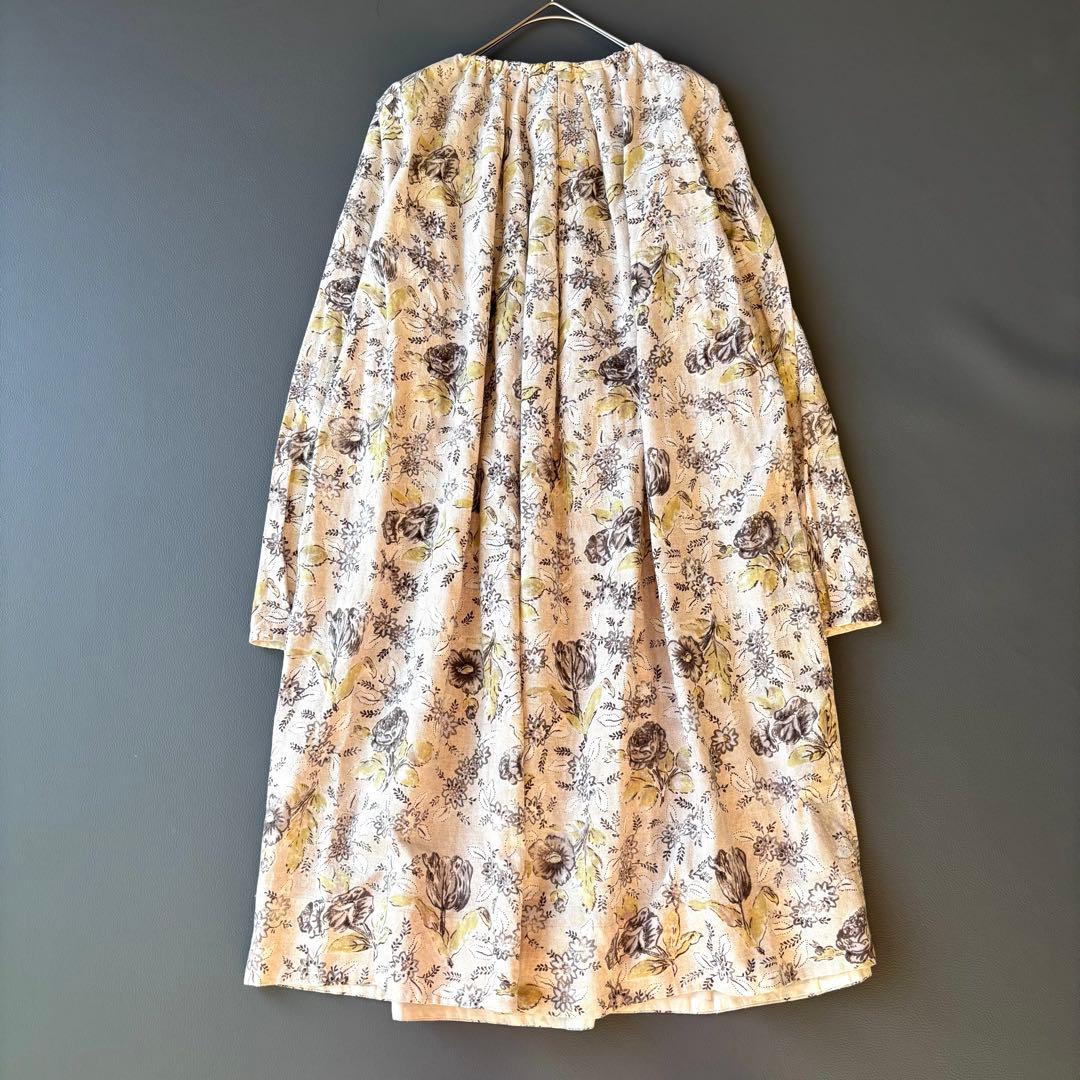 45R ギャザースモック　チュニック　ワンピース　カディコットン　花柄　リボン