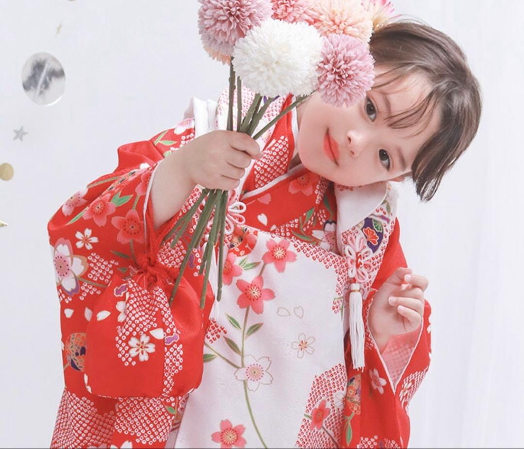 七五三女の子着物9点セット★3歳着物被布草履★赤色着物★白色被布コート★足袋巾着