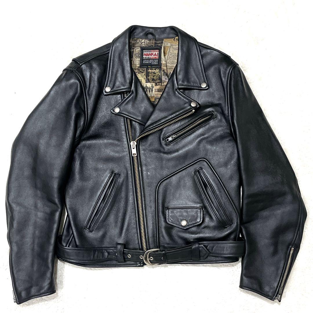 【美品 XL】NANKAI ダブルライダース 裏地総柄 ブラック レザー