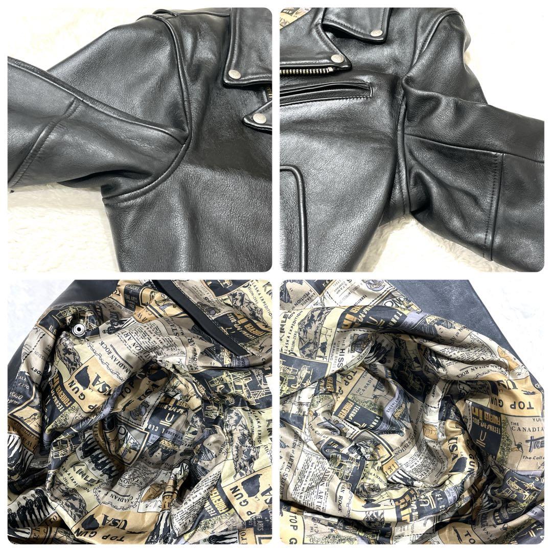 【美品 XL】NANKAI ダブルライダース 裏地総柄 ブラック レザー