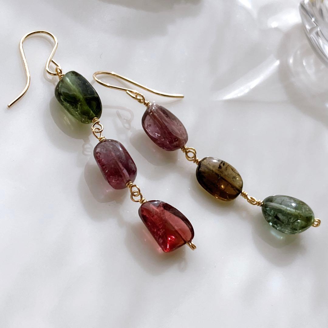 tama◆大粒マルチカラートルマリン3連ピアス✧14kgf