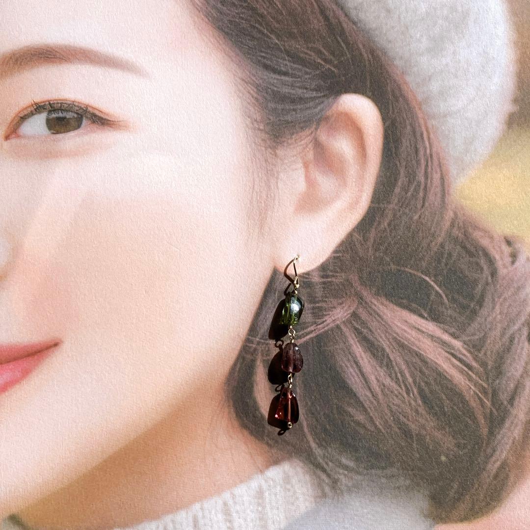 tama◆大粒マルチカラートルマリン3連ピアス✧14kgf