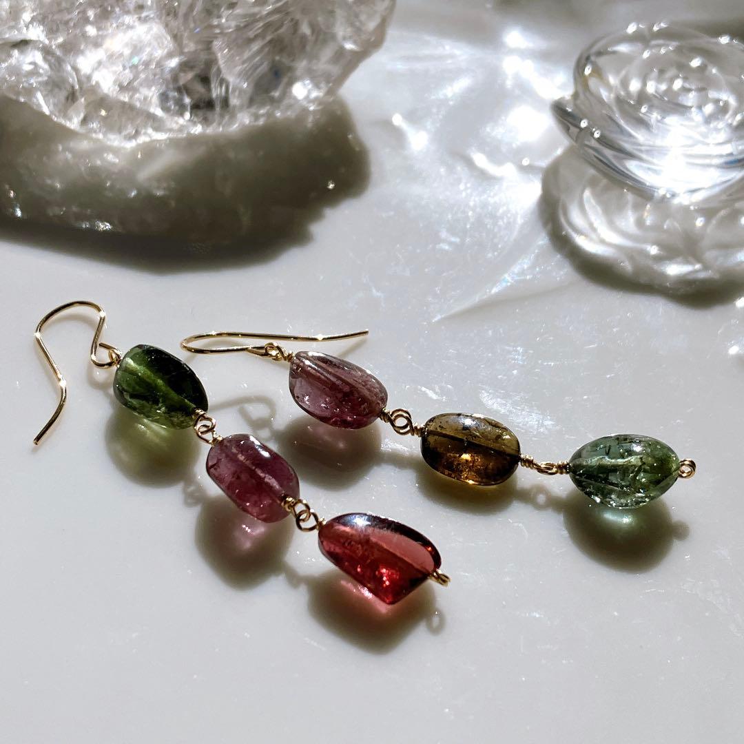 tama◆大粒マルチカラートルマリン3連ピアス✧14kgf