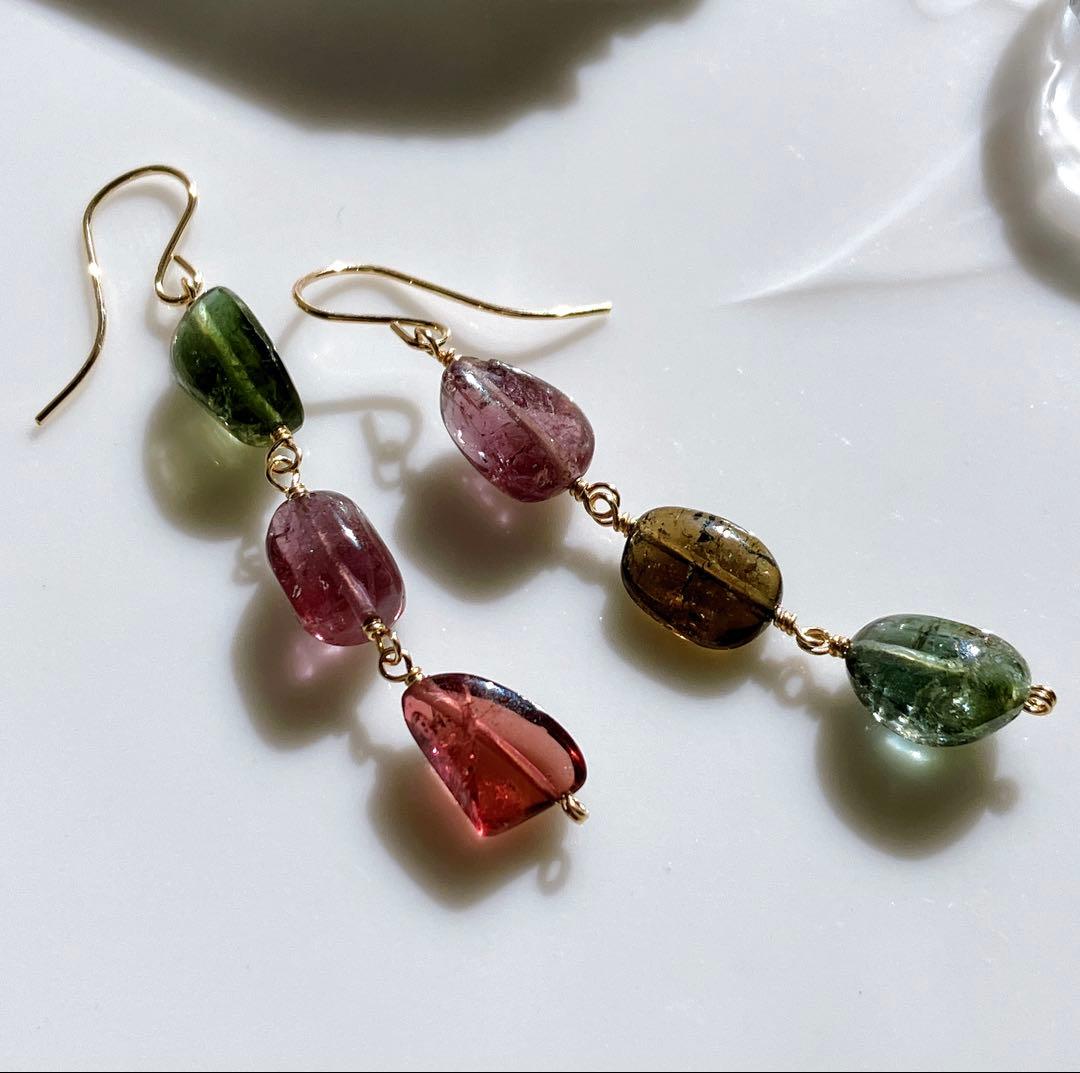 tama◆大粒マルチカラートルマリン3連ピアス✧14kgf