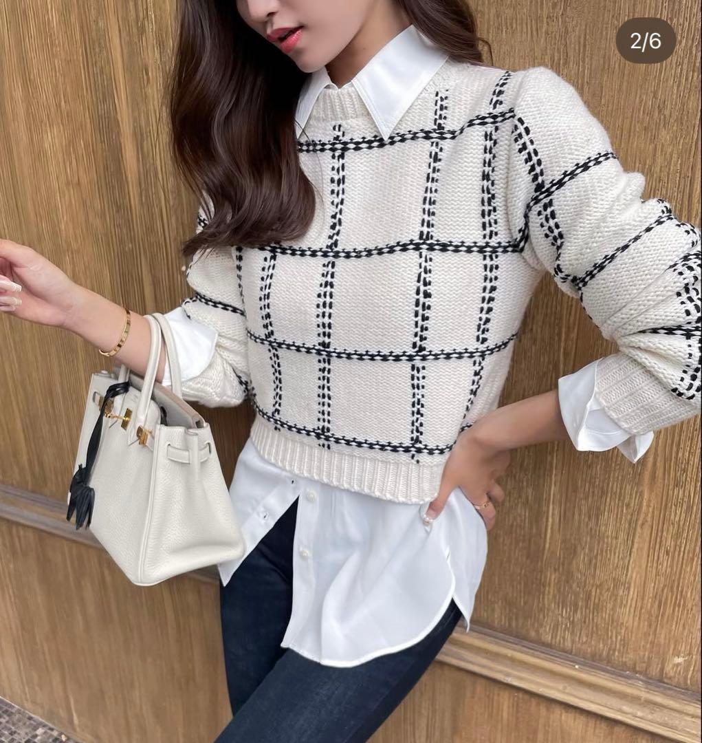 sheller シェリエ　ステッチチェックウールニット　ホワイト