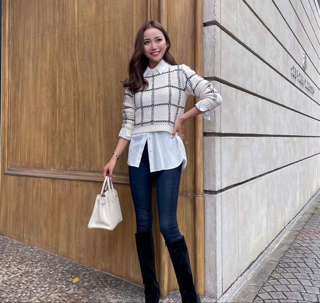 sheller シェリエ　ステッチチェックウールニット　ホワイト