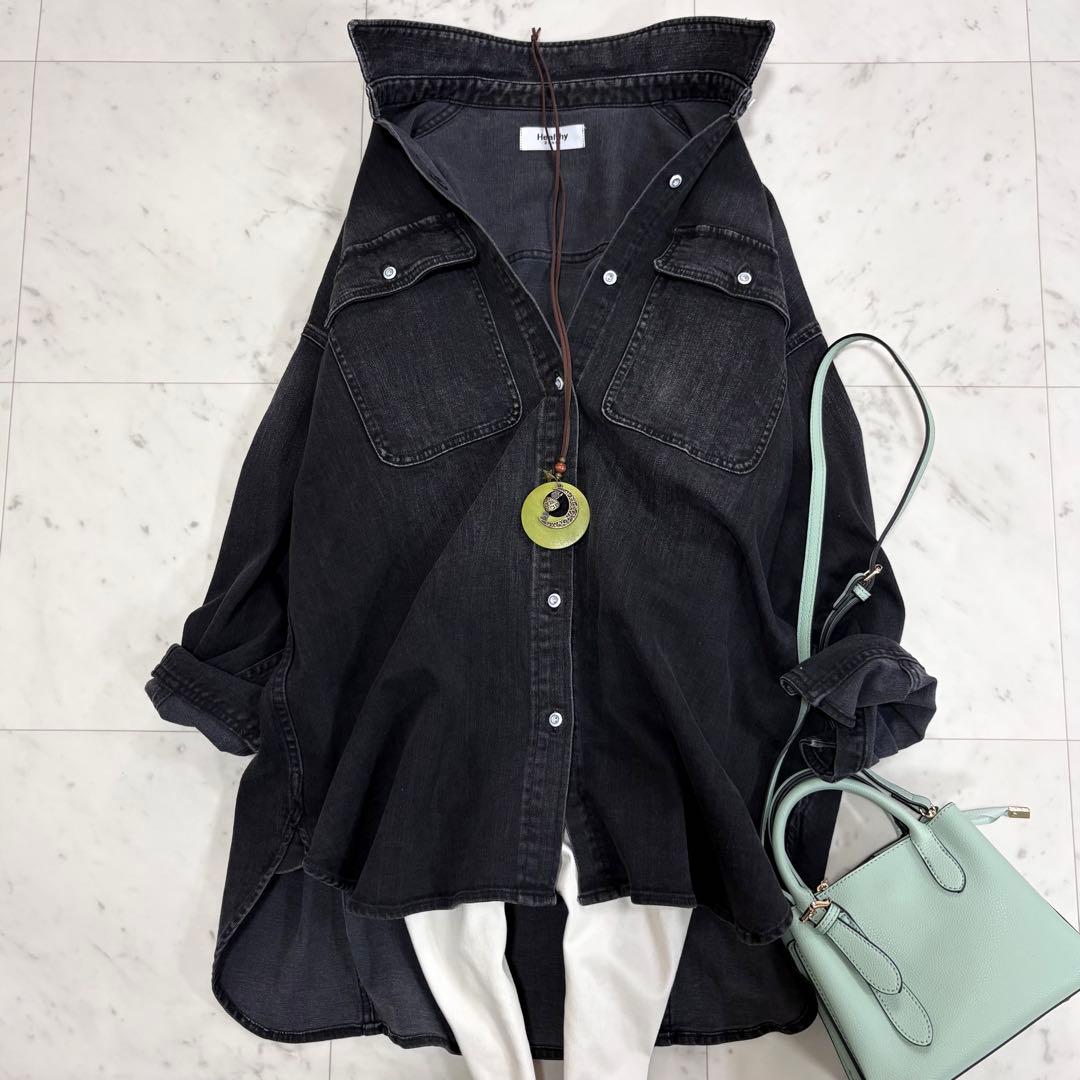 美品✨ヘルシーデニム　アーモンド　デニムシャツ　オーバーシルエット　ブラック